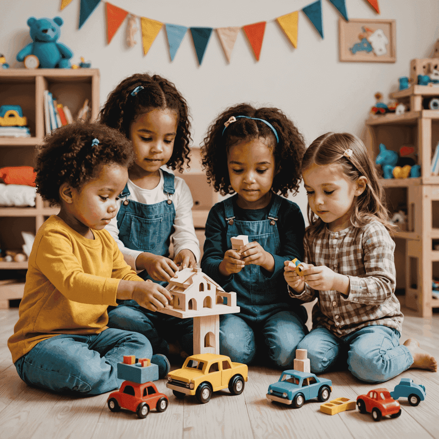 Children playing with colorful handmade toys, including wooden cars, fabric dolls, and cardboard castles. The image showcases the diversity and creativity of the DIY toy trend.