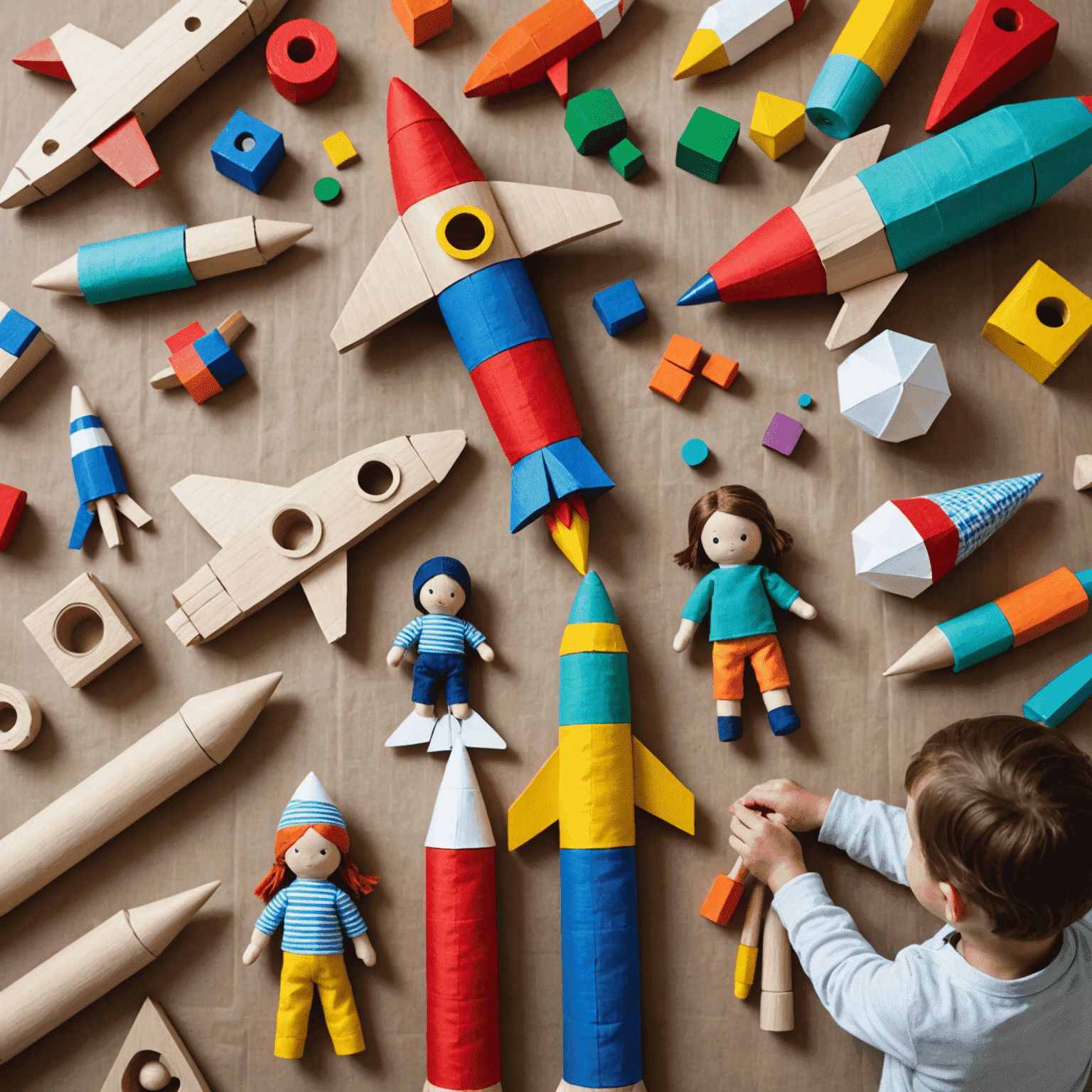 Children playing with colorful handmade toys, including a cardboard rocket ship, painted wooden blocks, and fabric dolls