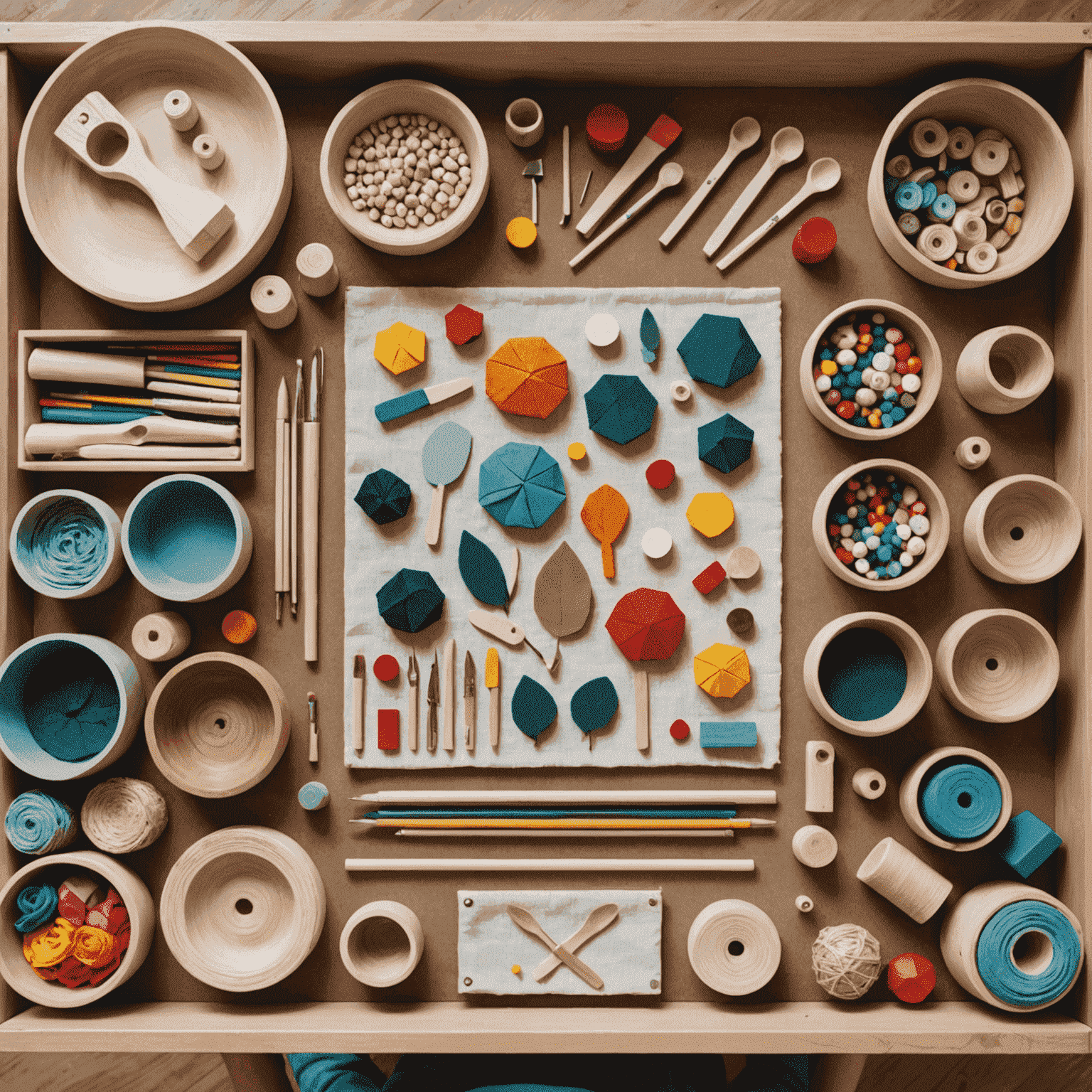 A workshop table with various craft materials including wood, fabric, and eco-friendly plastics, alongside handmade toys