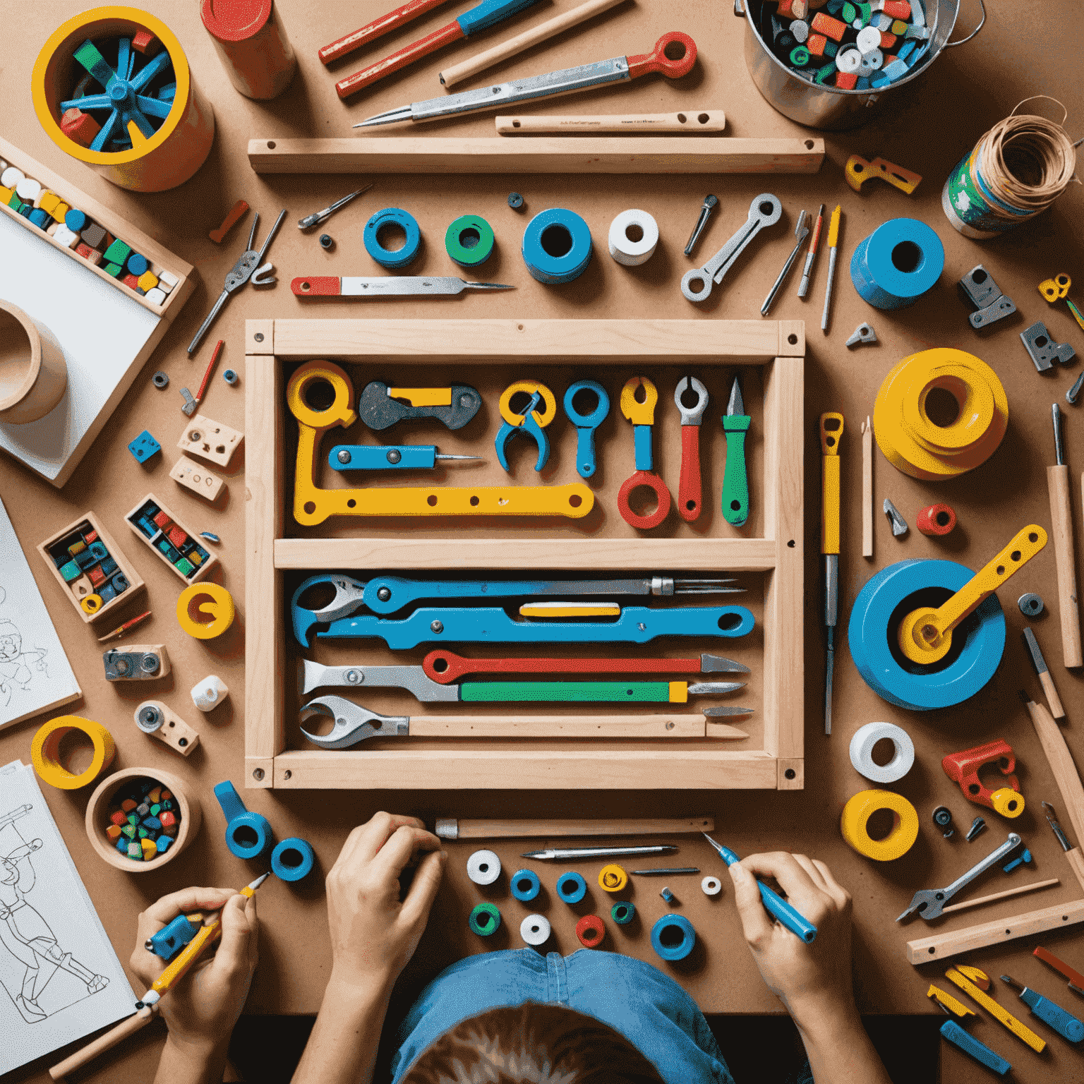 A workbench with various toy-making tools, sketches, and colorful materials. A designer is working on a unique toy prototype.