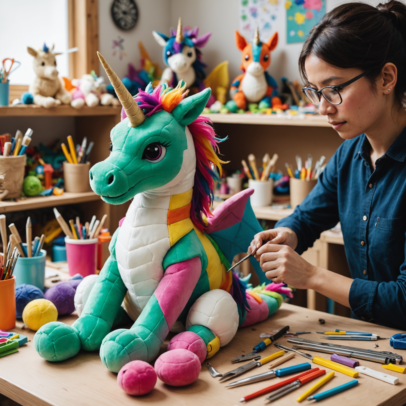 A colorful workshop filled with various toy-making materials, tools, and half-finished custom toys. In the center, a designer is working on a unique plush toy that resembles a mix between a dragon and a unicorn, showcasing the creative process of custom toy design.