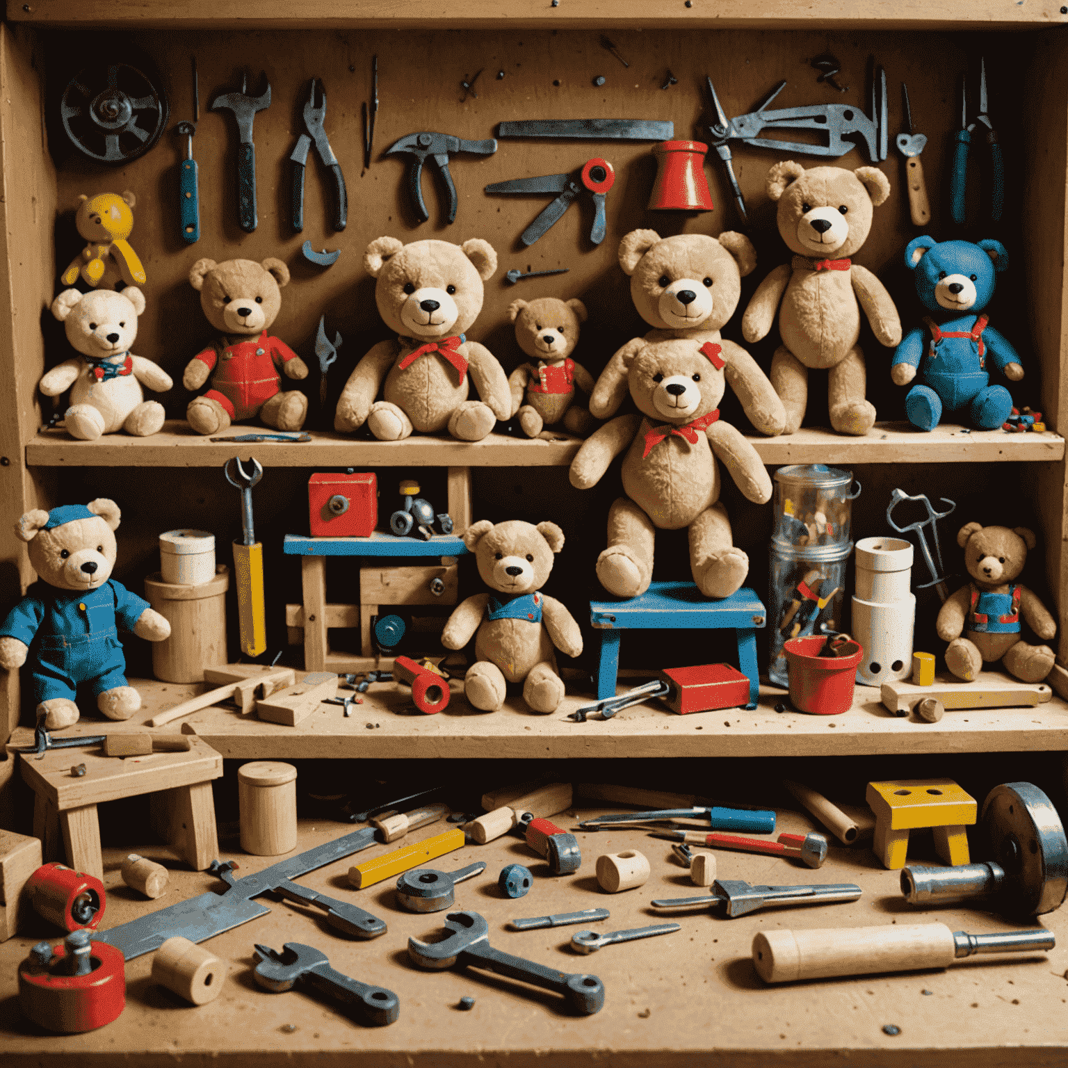 A workbench with various toys in different stages of repair, including teddy bears, dolls, and wooden toys. Tools and materials for toy restoration are neatly arranged.