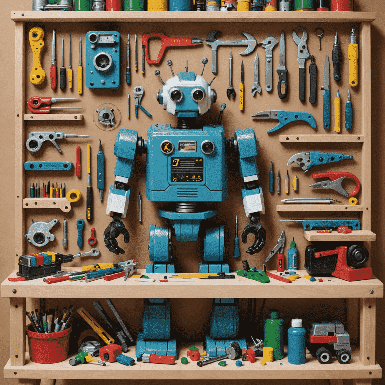 A workbench with various toys in different stages of customization. Tools like small paintbrushes, miniature saws, and glue guns are visible. A craftsperson is carefully modifying a toy robot, adding unique features and colors.