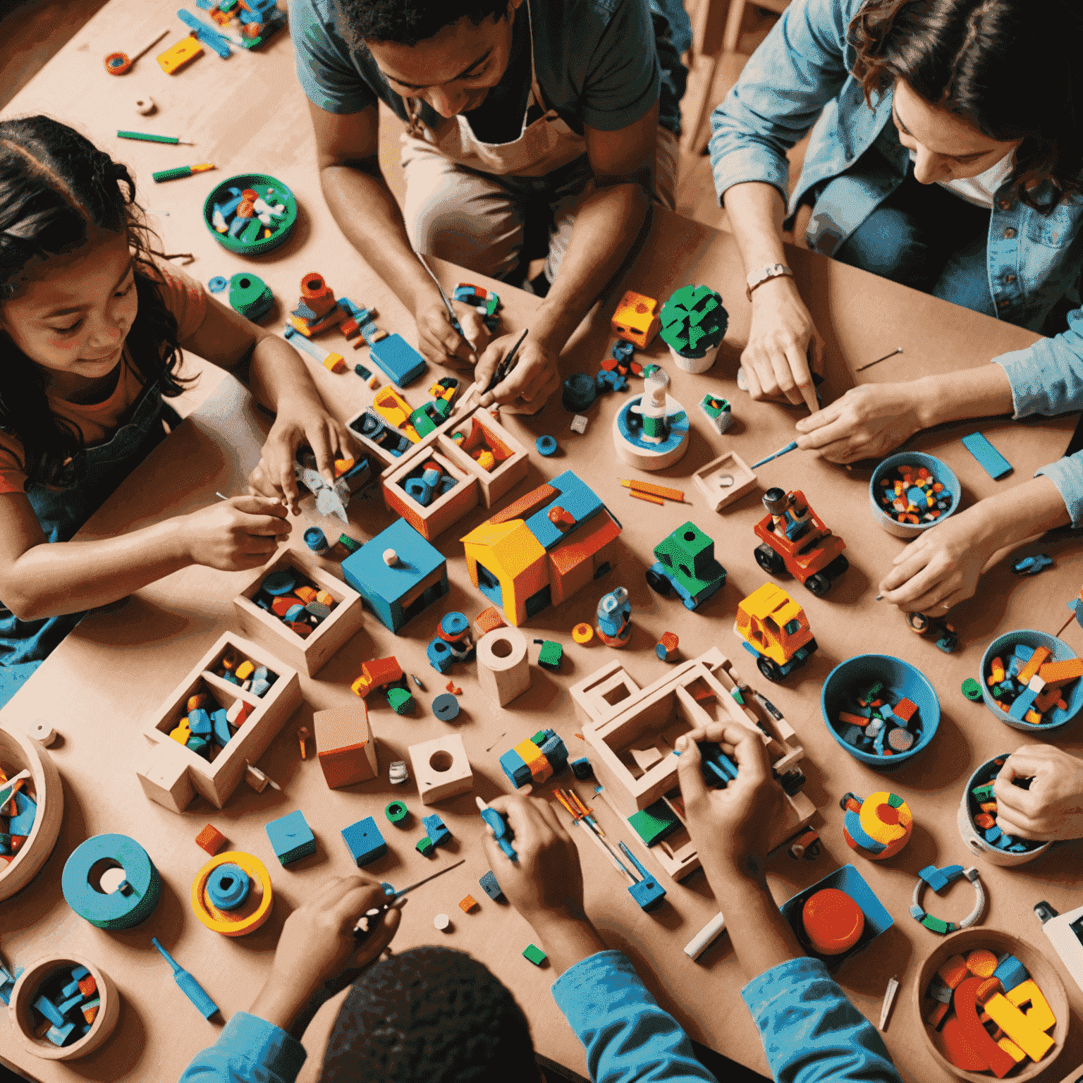 A group of people engaged in a toy making workshop, crafting various colorful toys from different materials. The image shows a diverse group of adults and children working together, surrounded by craft supplies and partially completed toys.