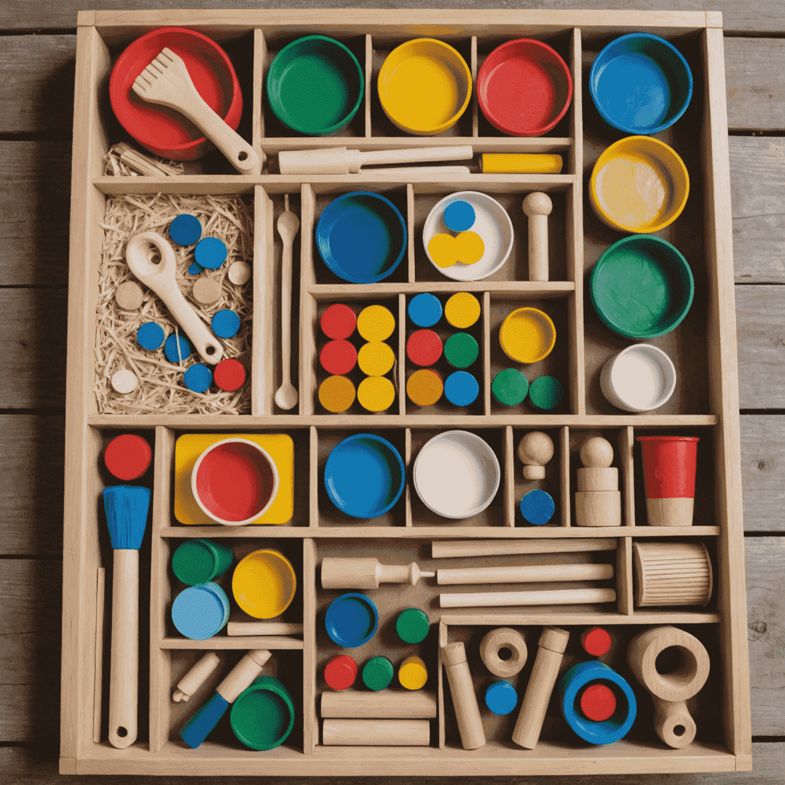 A collection of various toy-making materials including wood, fabric, non-toxic paints, and recycled materials. The image highlights safe and durable options for DIY toy creation.