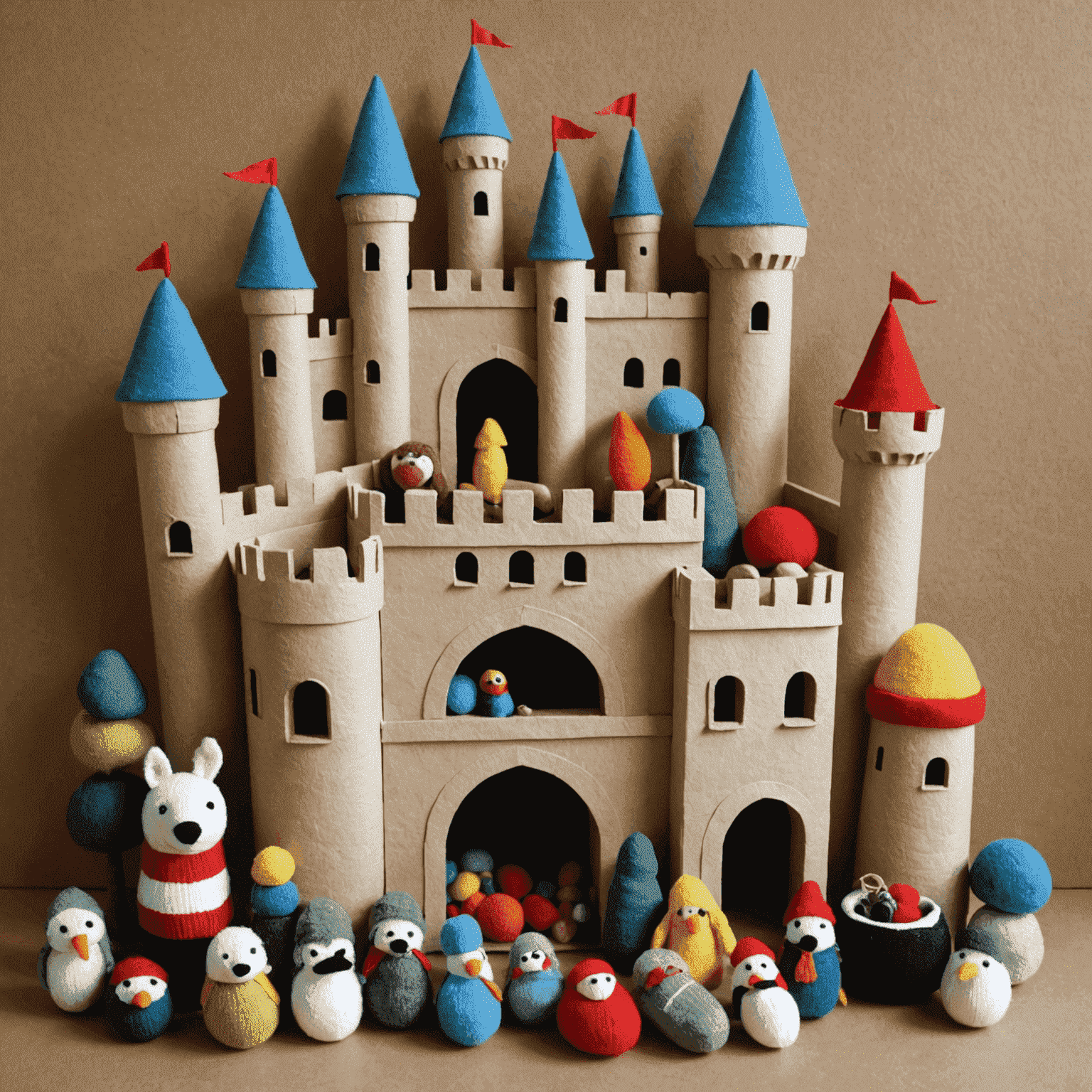 A collection of handmade toys including a sock puppet, painted rocks, and a cardboard castle