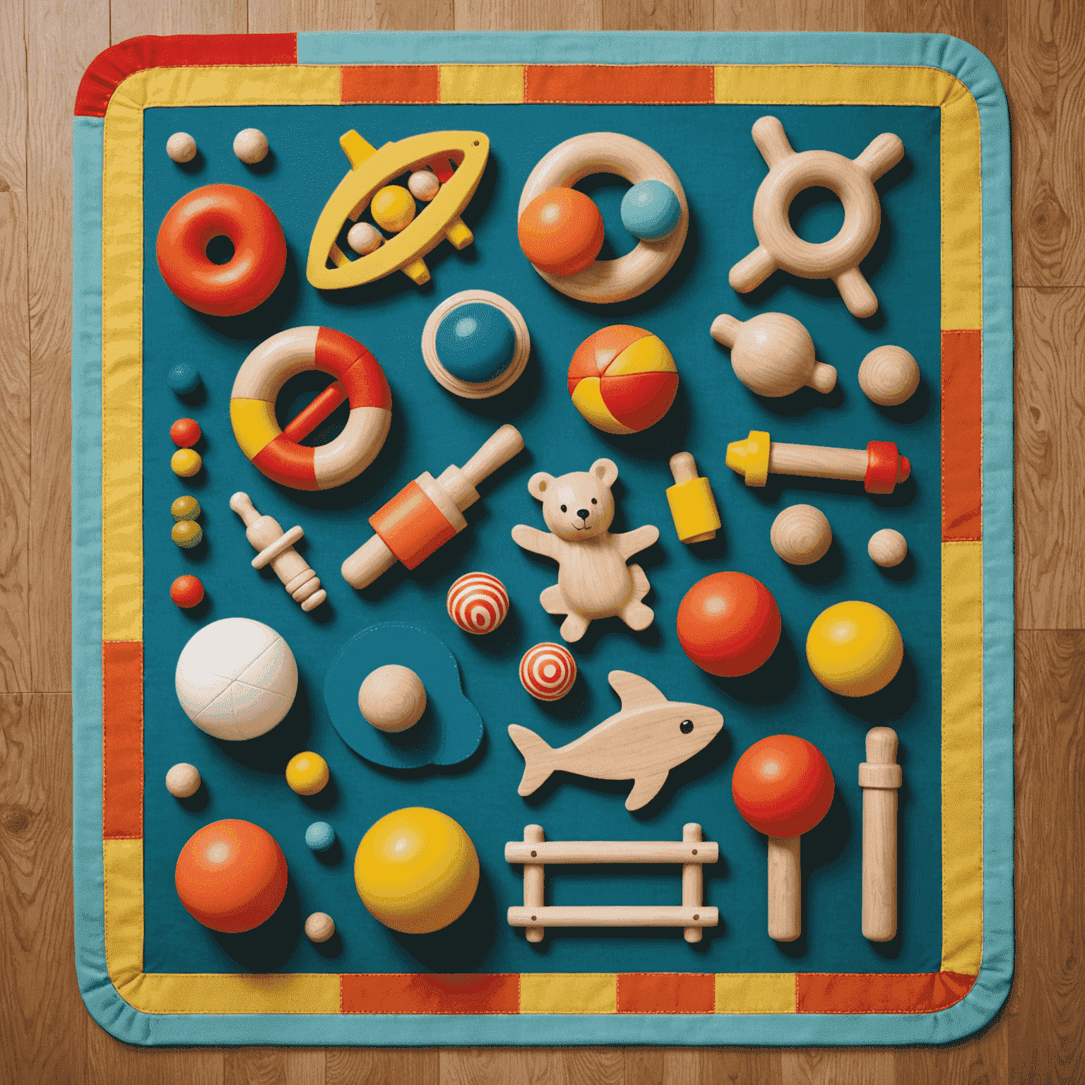 A collection of handmade wooden, fabric, and silicone toys arranged on a colorful play mat