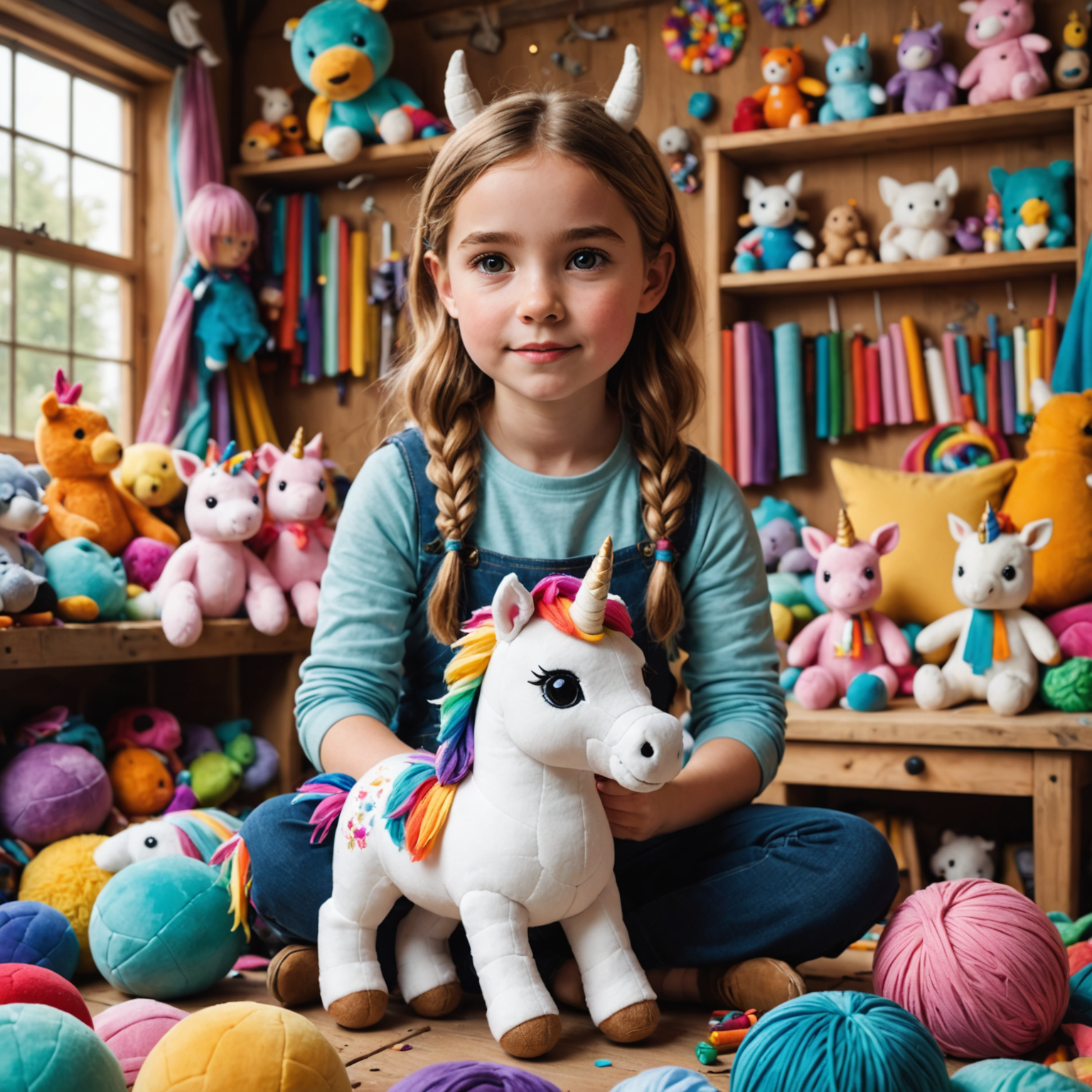 Emma in her workshop surrounded by colorful fabrics and half-finished plush toys, with a completed unicorn plushie in the foreground