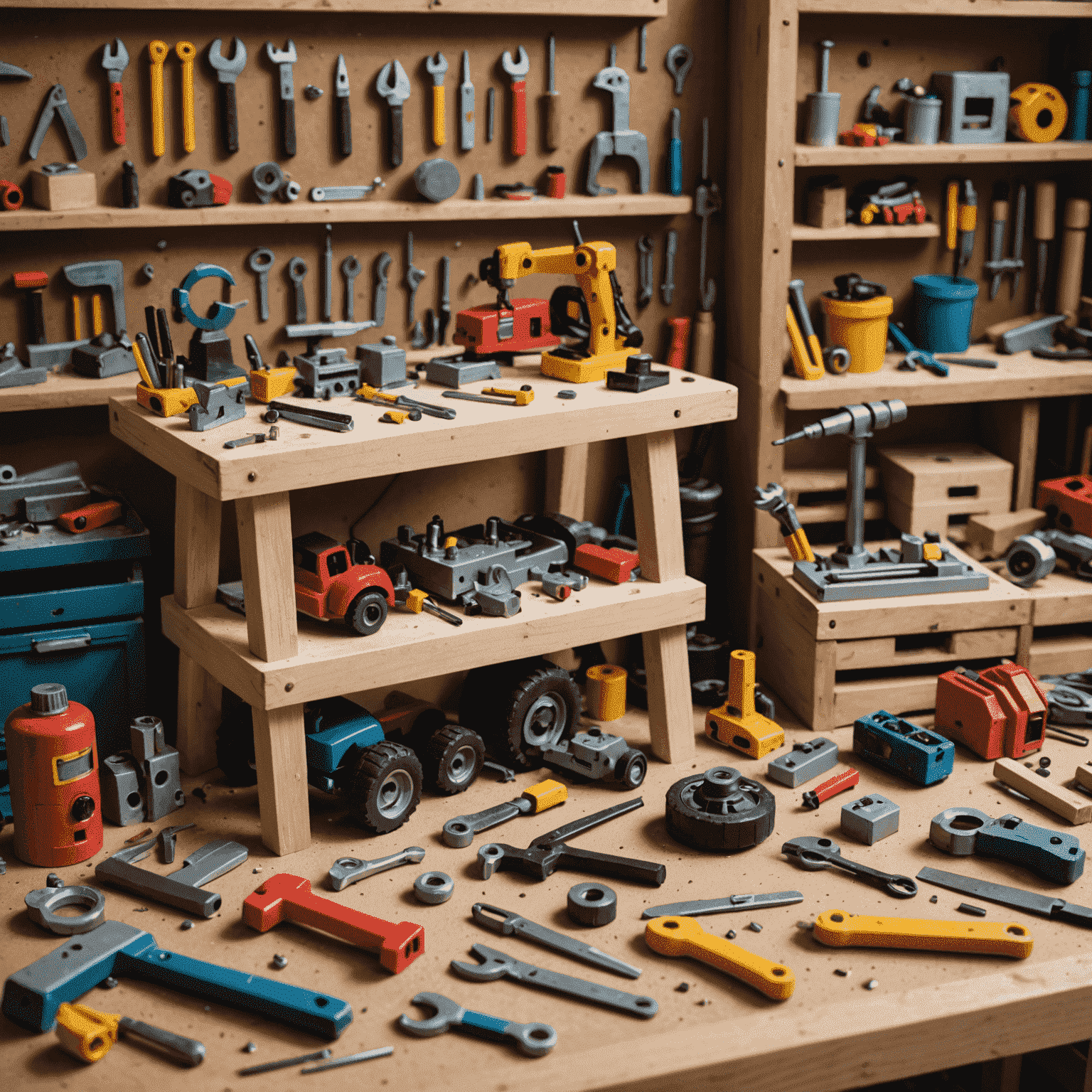 A workshop setting with various toys in different stages of repair. Tools and spare parts are scattered on the workbench.