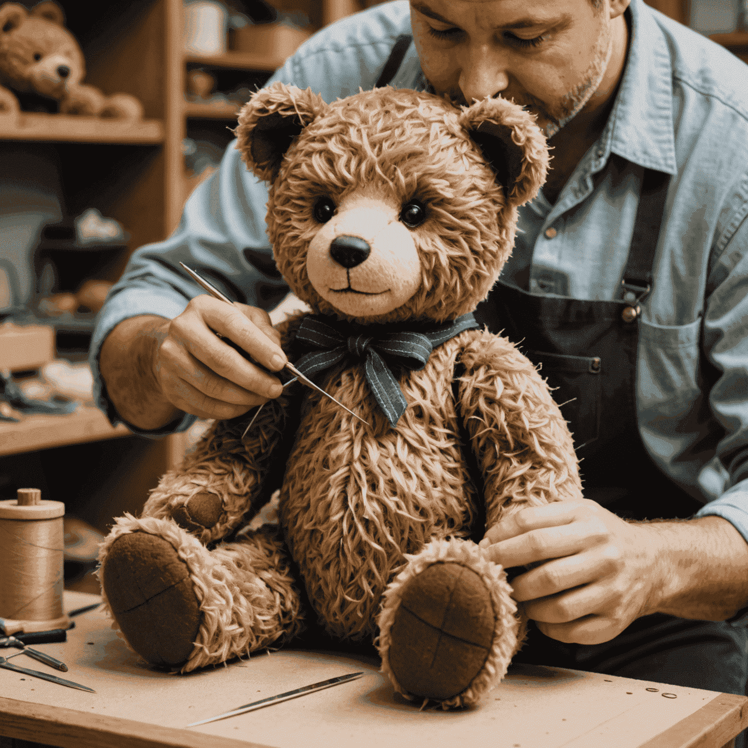 A teddy bear being carefully stitched and restuffed by expert hands