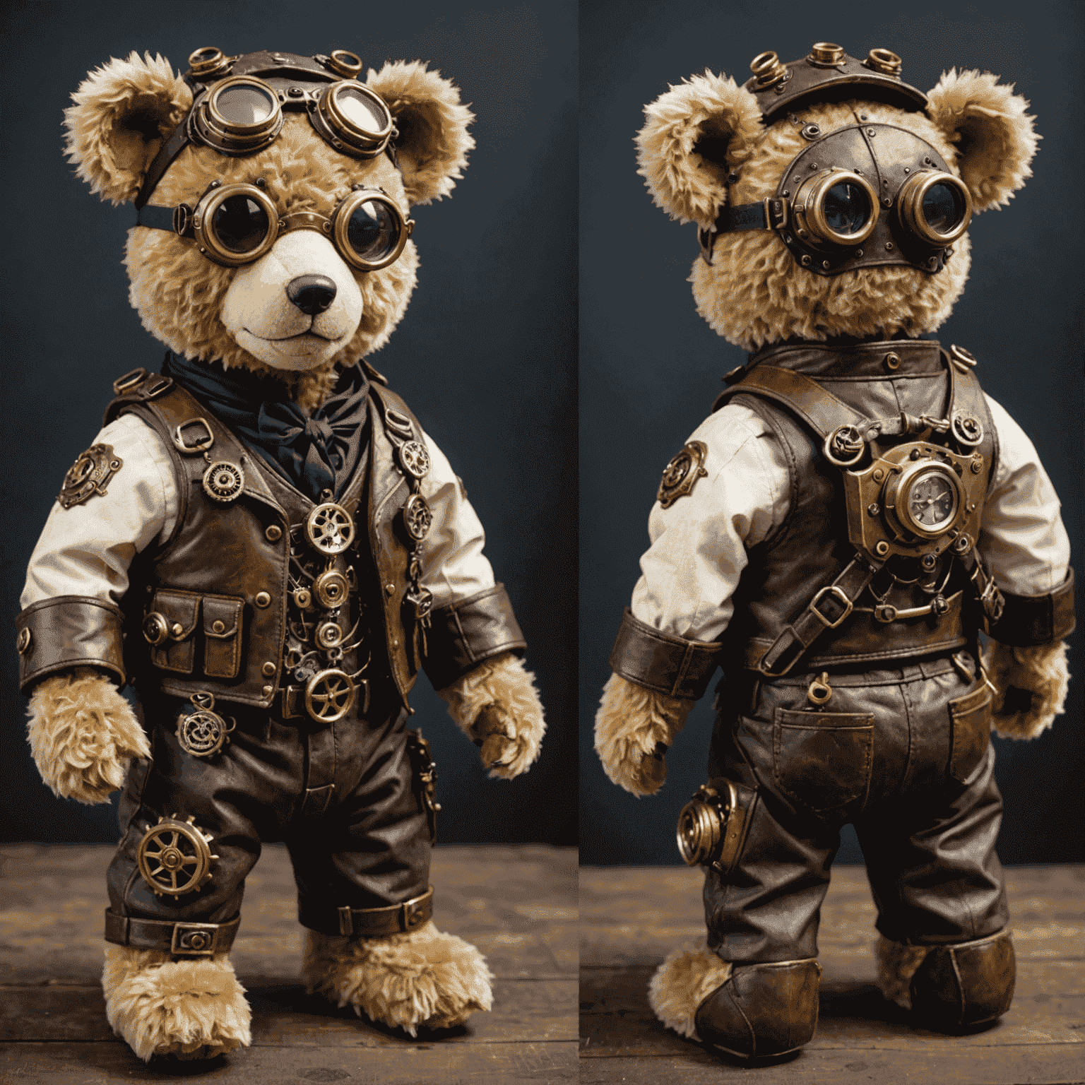 A before and after image of a plain teddy bear transformed into a steampunk-themed bear with brass goggles, gears, and a leather vest.