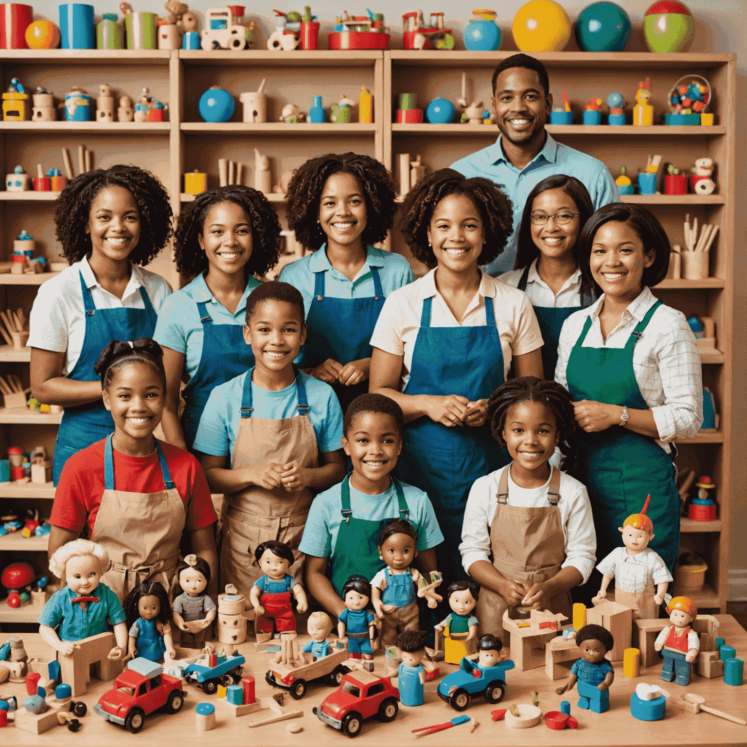 A group portrait of diverse, smiling toy making instructors. They are surrounded by an assortment of handmade toys, showcasing their expertise and creativity in toy crafting.