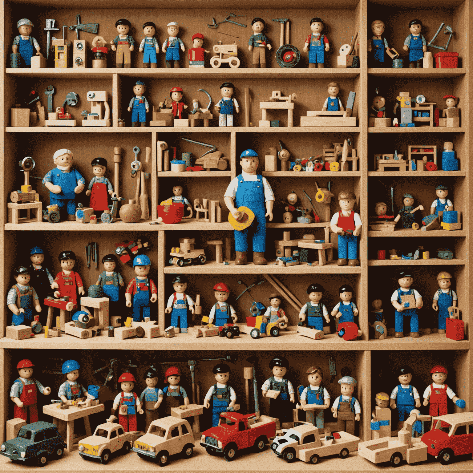 A collage of successful toy makers in their workshops, showcasing their unique handmade toys and thriving small businesses. The image conveys inspiration and entrepreneurial spirit.