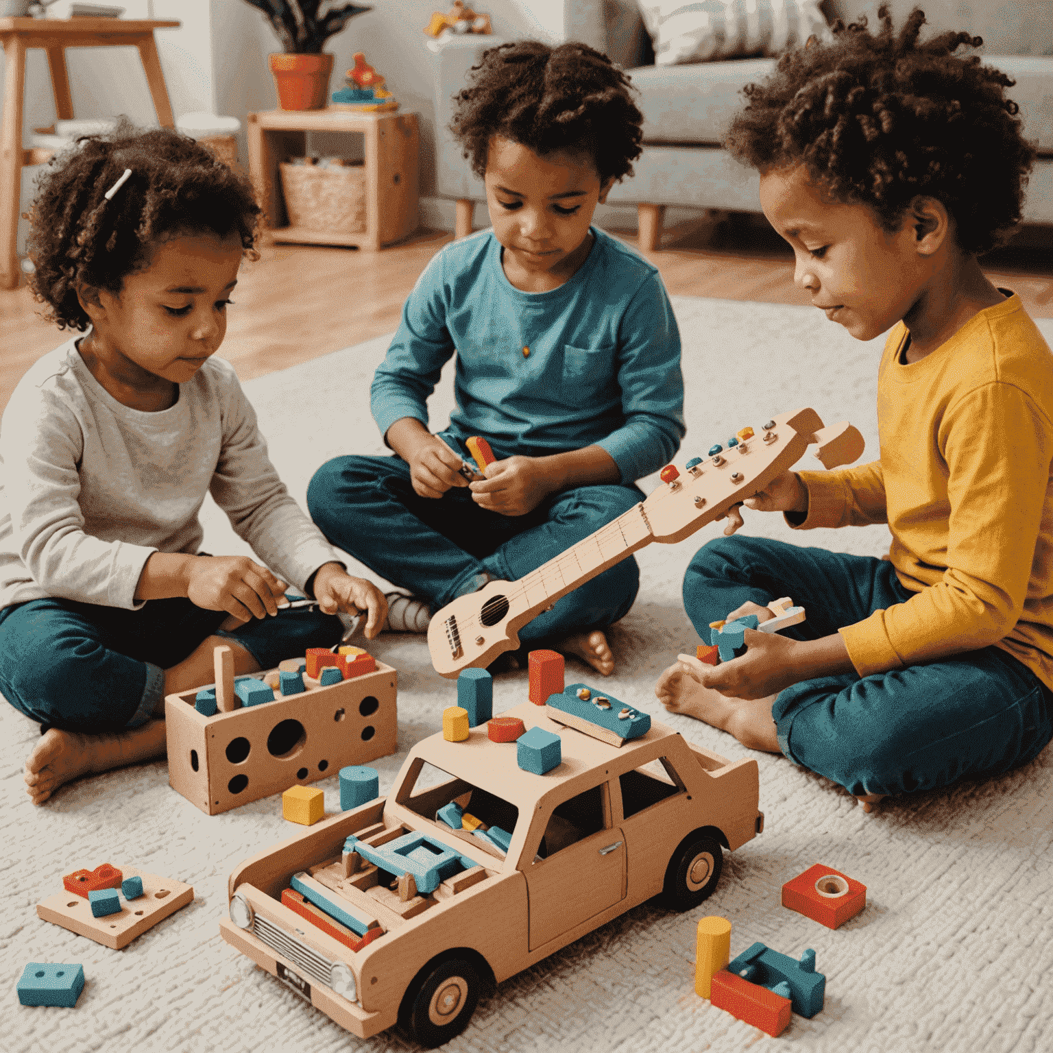 A group of children engaged in creative play with various handmade toys, including a cardboard guitar, fabric busy board, and painted wooden car