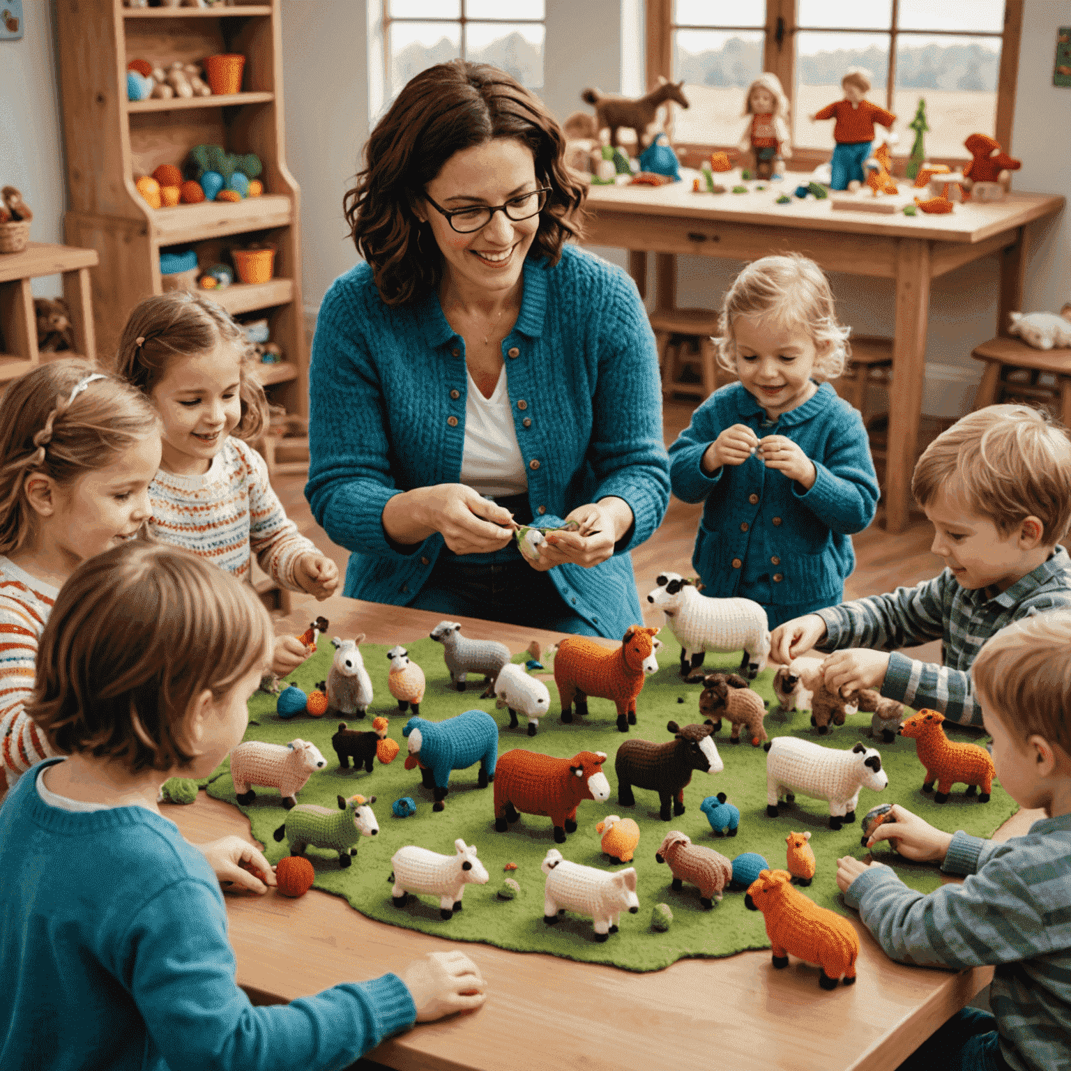 Sarah demonstrating her knitted farm playset to a group of excited children, with various colorful knitted animals and structures spread out on a table