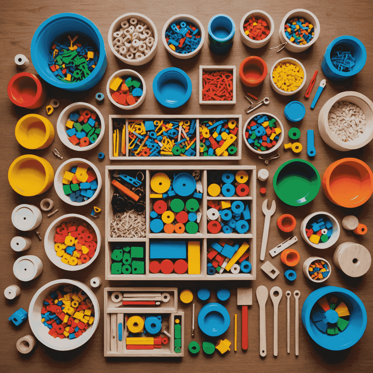 An array of colorful DIY toy kits spread out on a table. Each kit contains materials, instructions, and tools for making different types of toys.