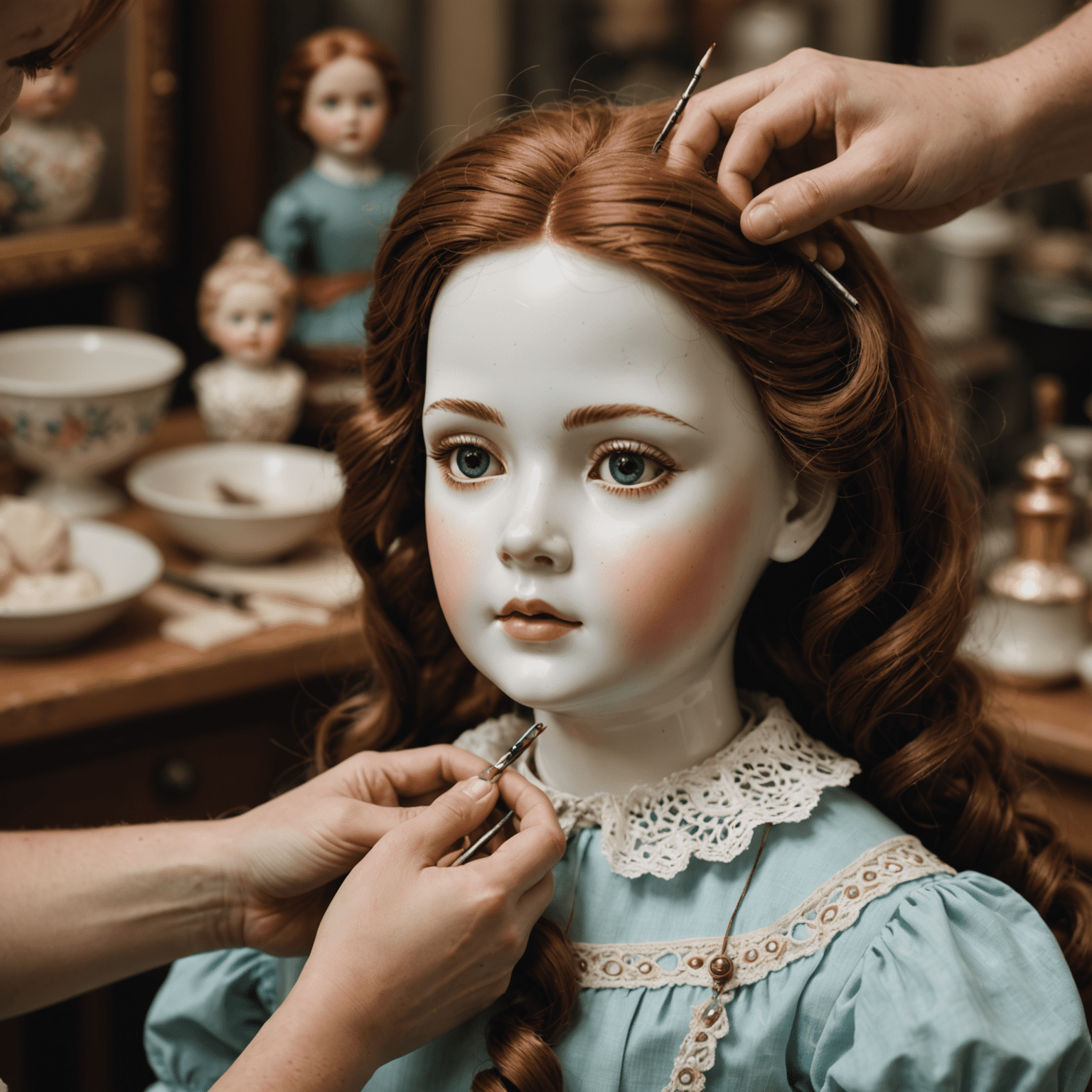 A vintage porcelain doll having its face repainted and hair restyled