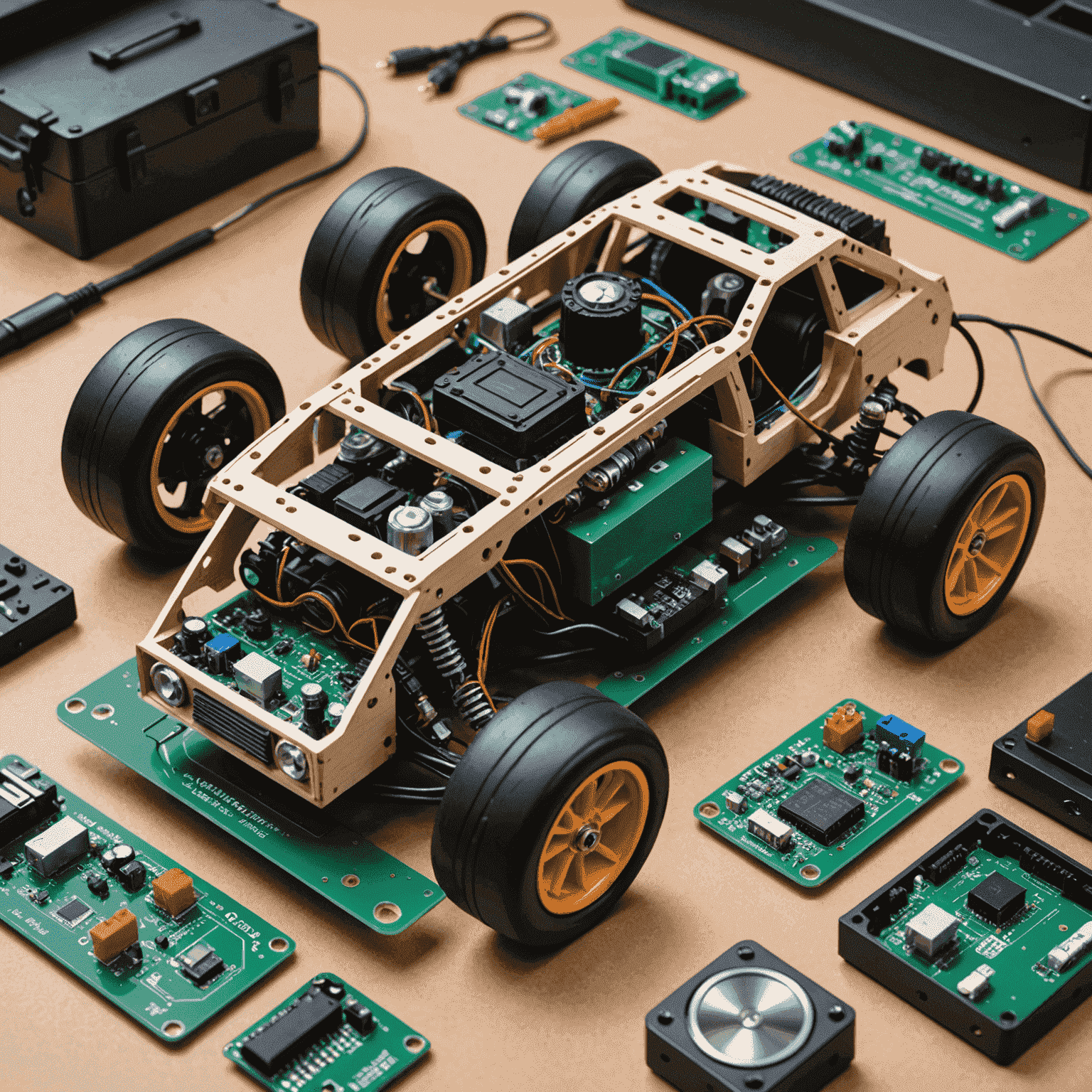 Electronic Car Kit - Circuit board, wheels, and components to build a small electronic car