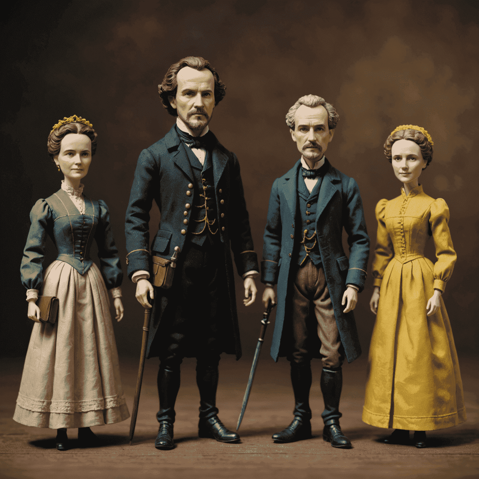 A set of action figures customized to resemble famous historical figures, including a miniature Shakespeare and Marie Curie.