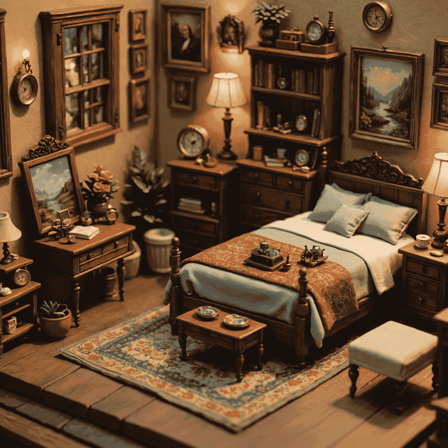 Close-up of one of Mia's incredibly detailed miniature room sets, featuring tiny furniture, artwork, and accessories, all handcrafted to scale