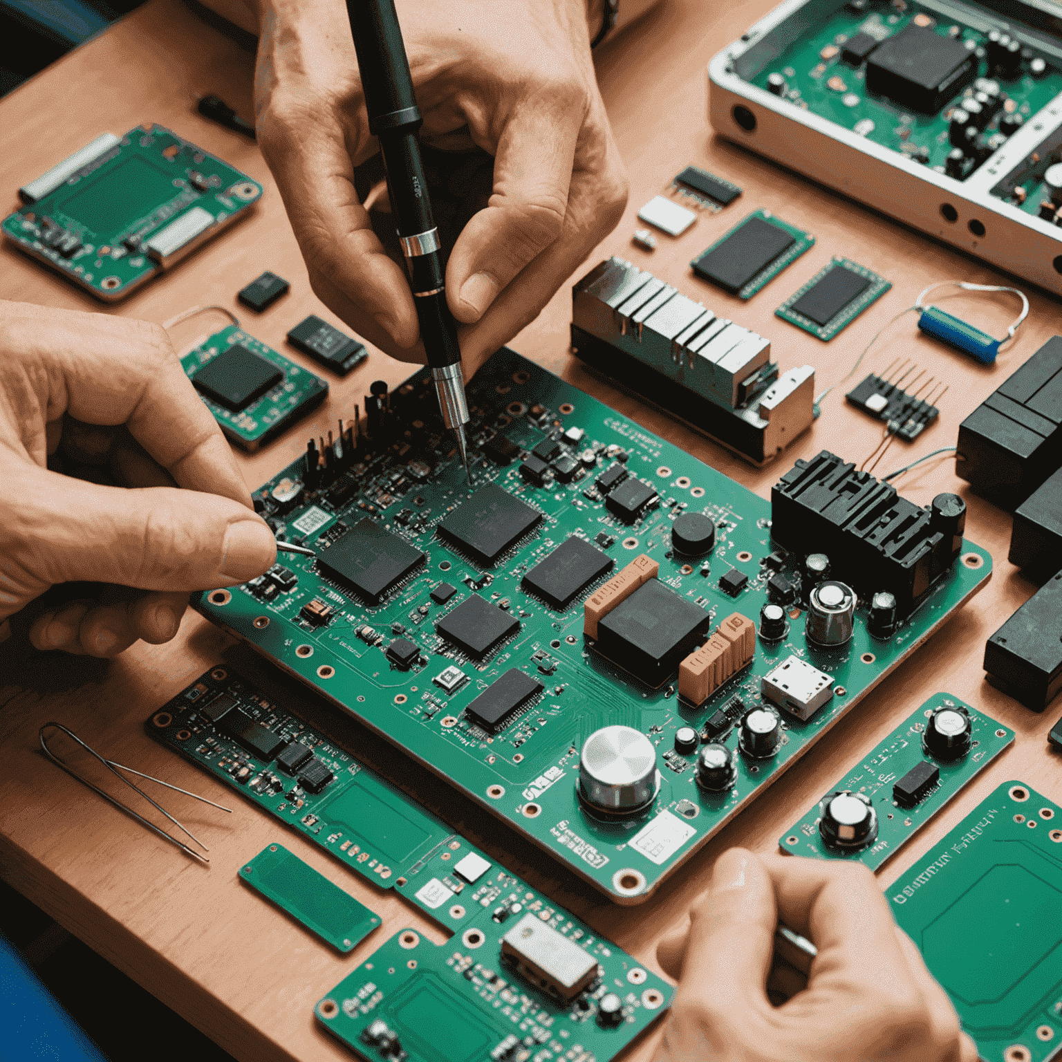 An open electronic toy with circuit boards visible, being repaired with precision tools