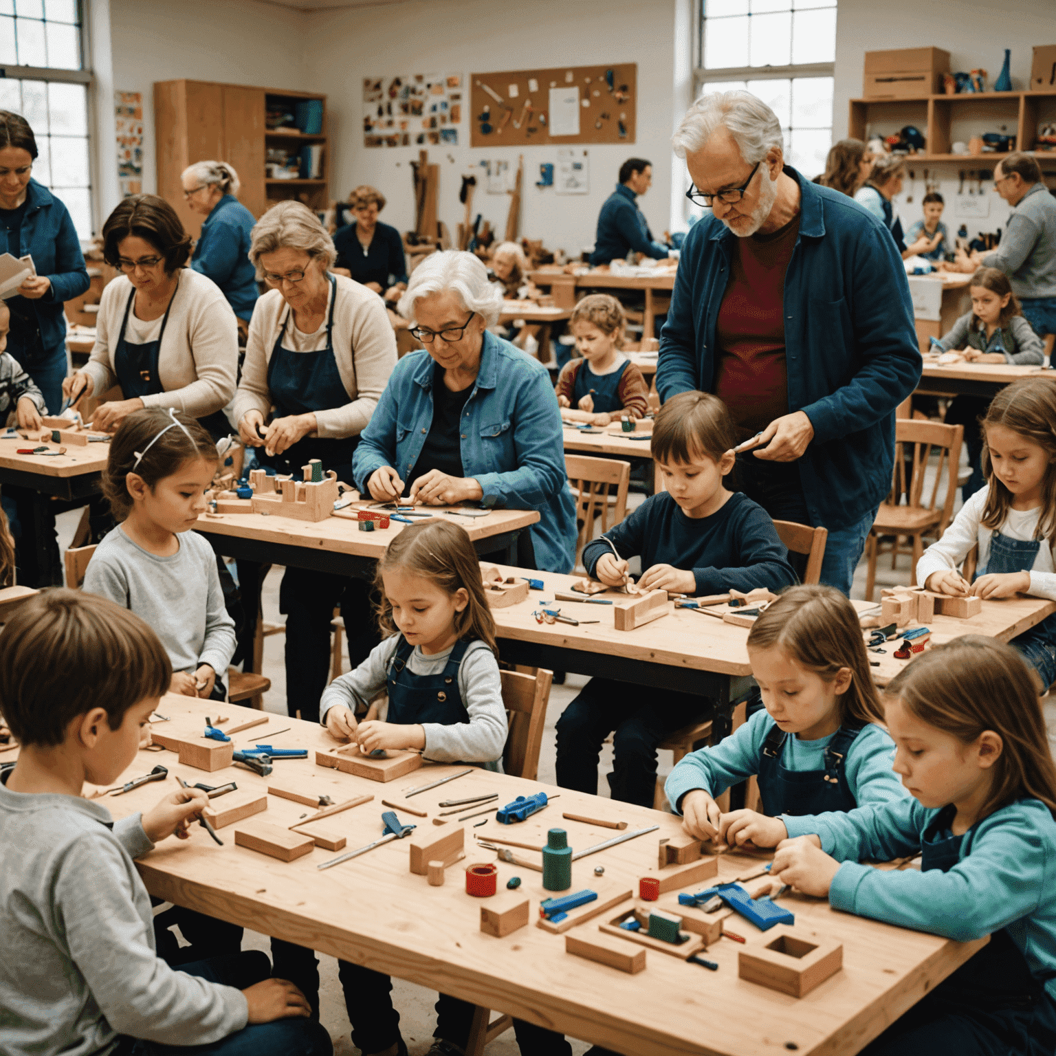 A group of people of various ages participating in a toy-making workshop. They are seated at tables with materials and tools, following an instructor's demonstration.