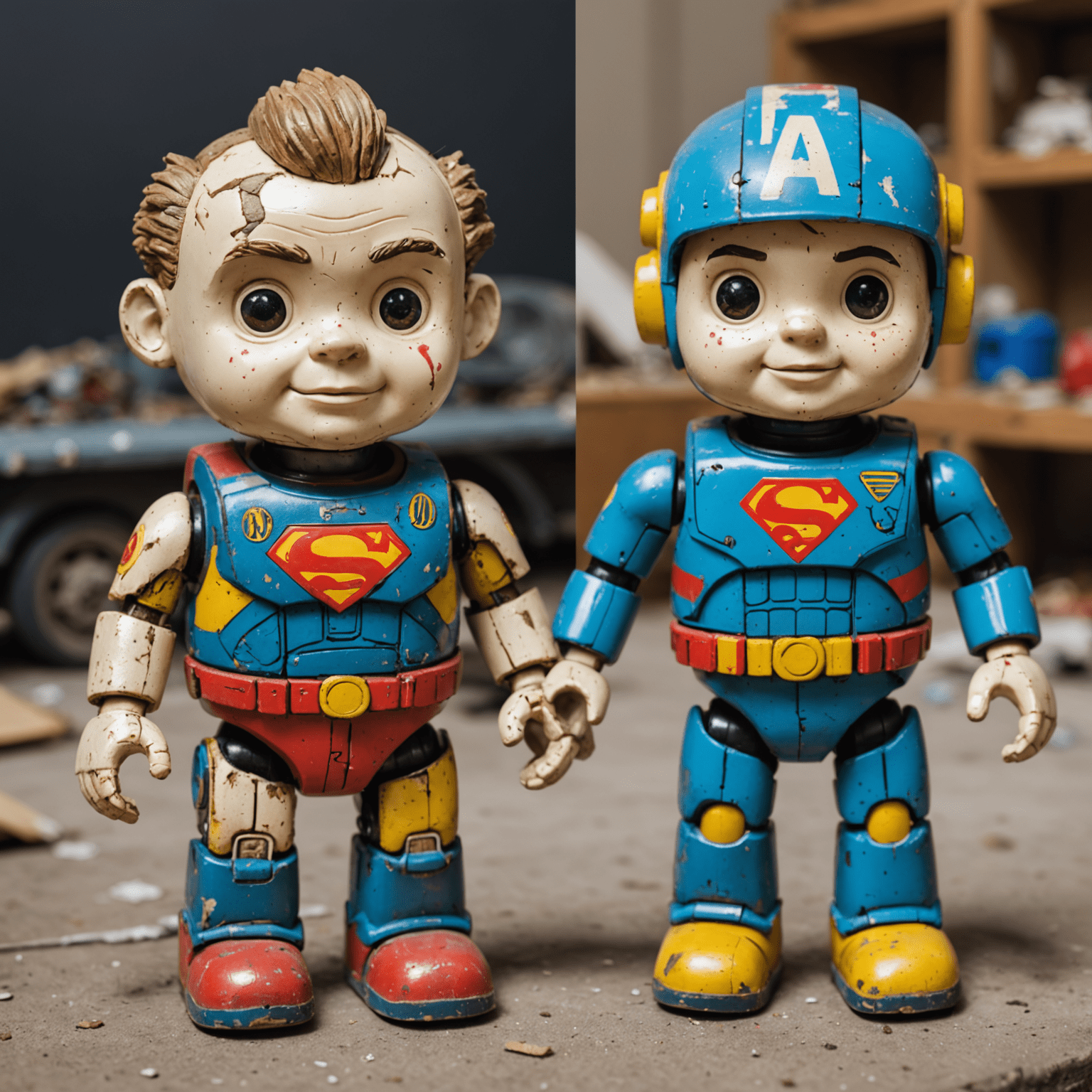 A split image showing a worn-out, damaged toy on the left and its fully restored, vibrant version on the right